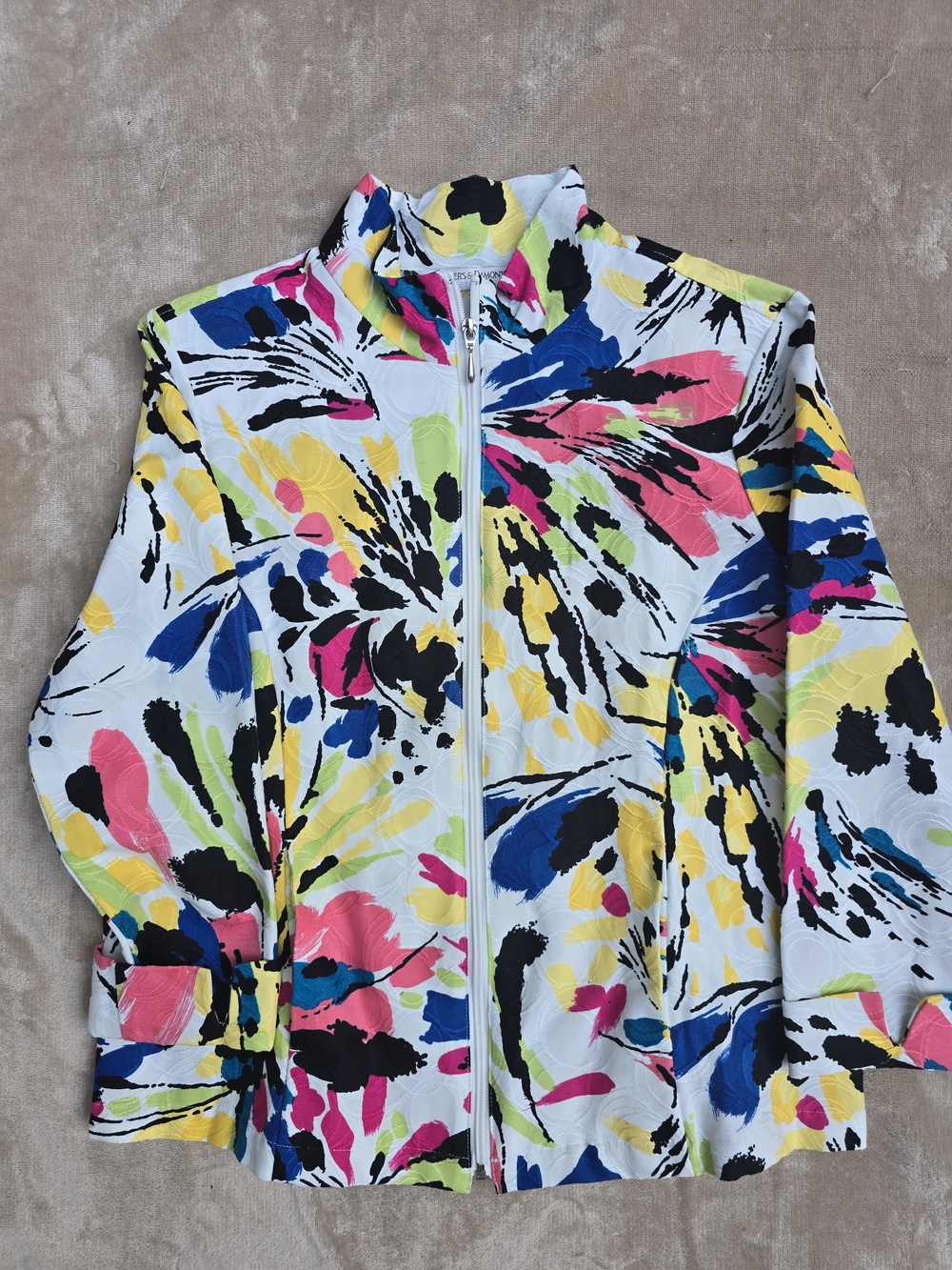 White Multicolor Abstract-Print Bomber Jacket